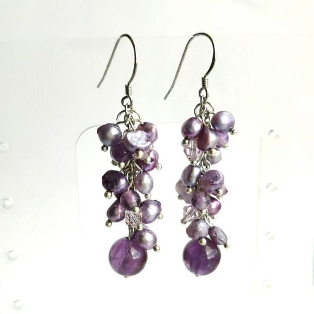 Purple Freshwater Pearl Amethyst cluster dangle earrings 🆕